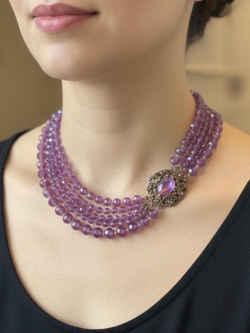 Selini 4 Strand Purple Lucite Bead Necklace Brutalist Side Clasp